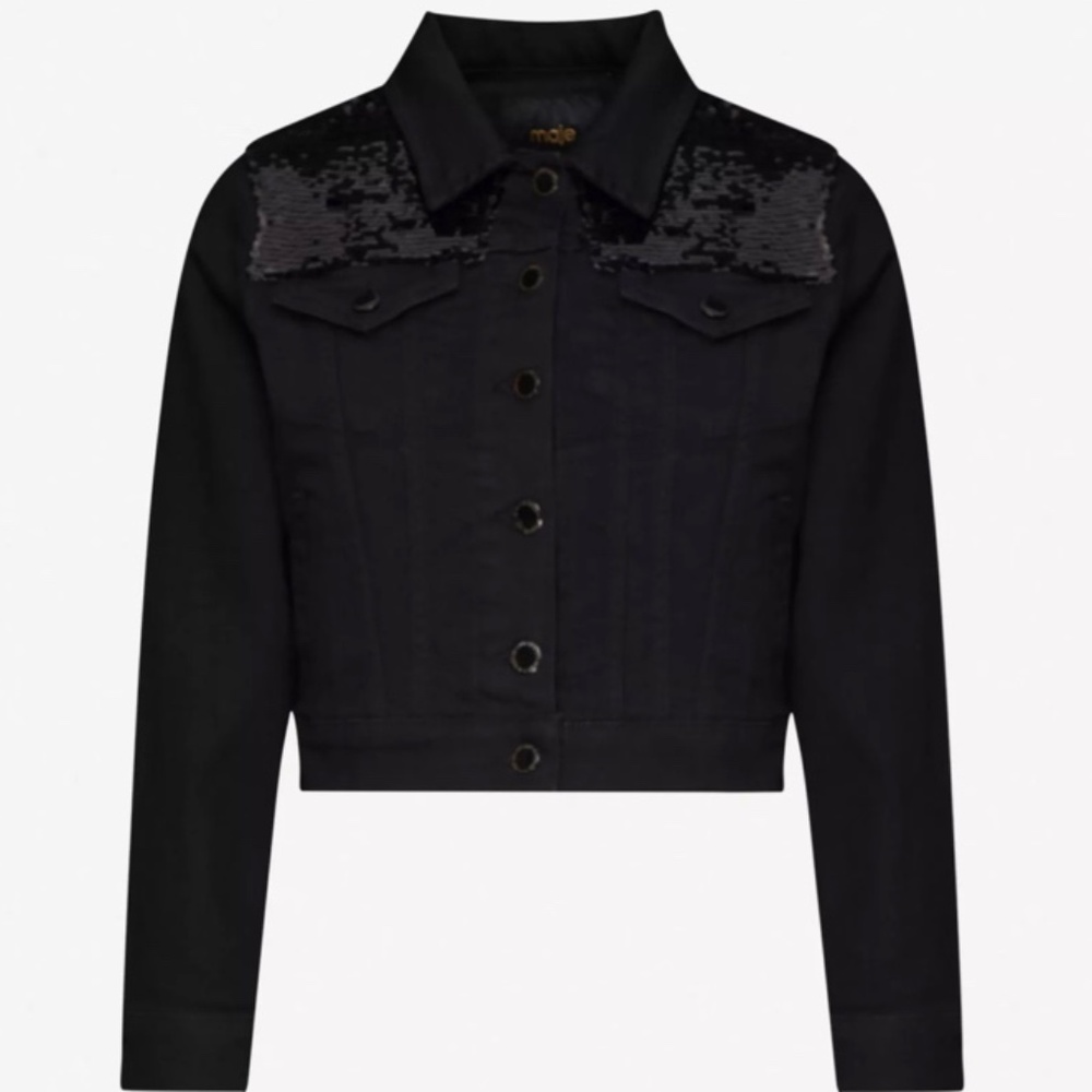 Maje Bess Denim And Sequin Black Jacket